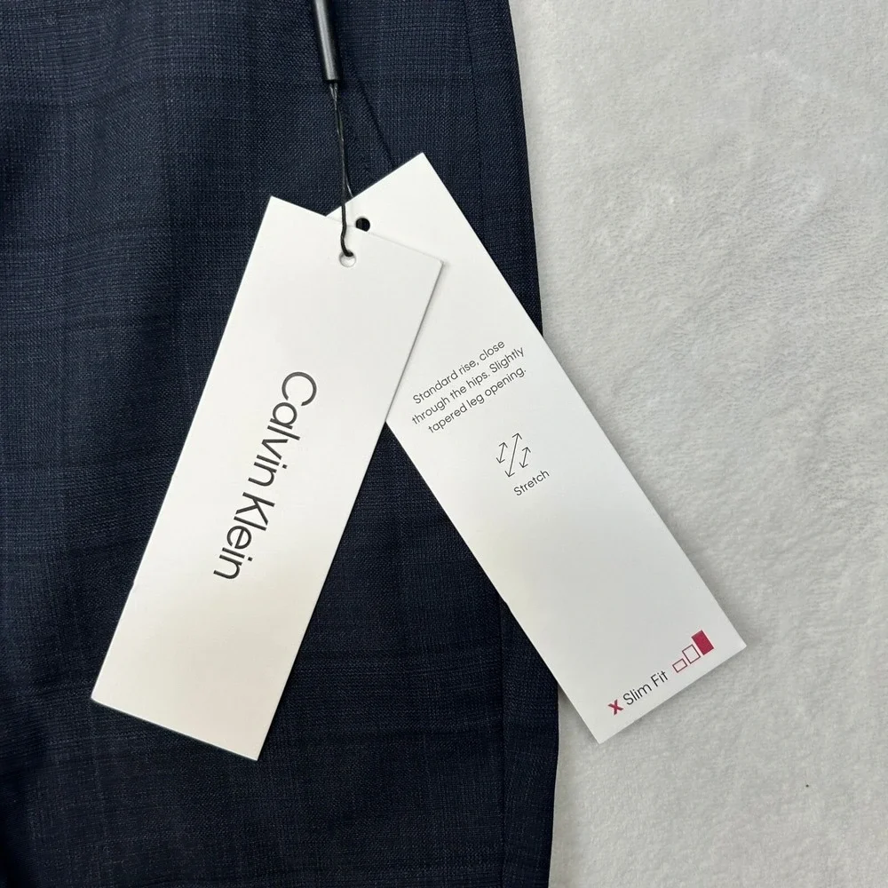 Calvin Klein Slim Fit Dress Pants‎ Mens 36x34 Navy Blue Plaid Stretch Wool NEW